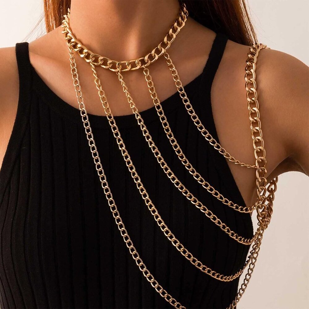 Women Gold Layered Body Chain Jewelry Multi Row Shoulder Necklace Choker - Picture 2 of 7